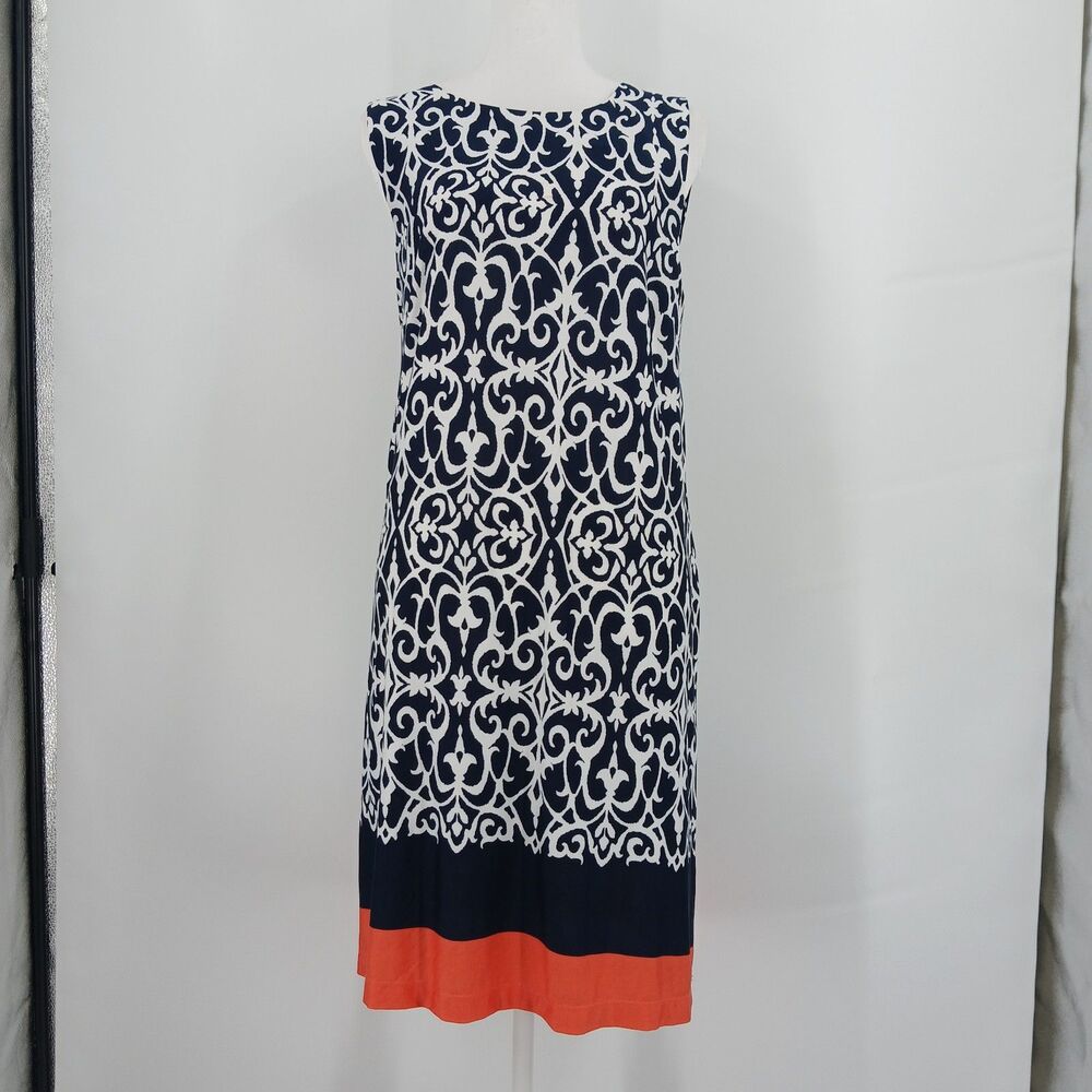 Emma & Michelle Navy Blue White Damask Sleeveless Shift Dress Coral Hem M